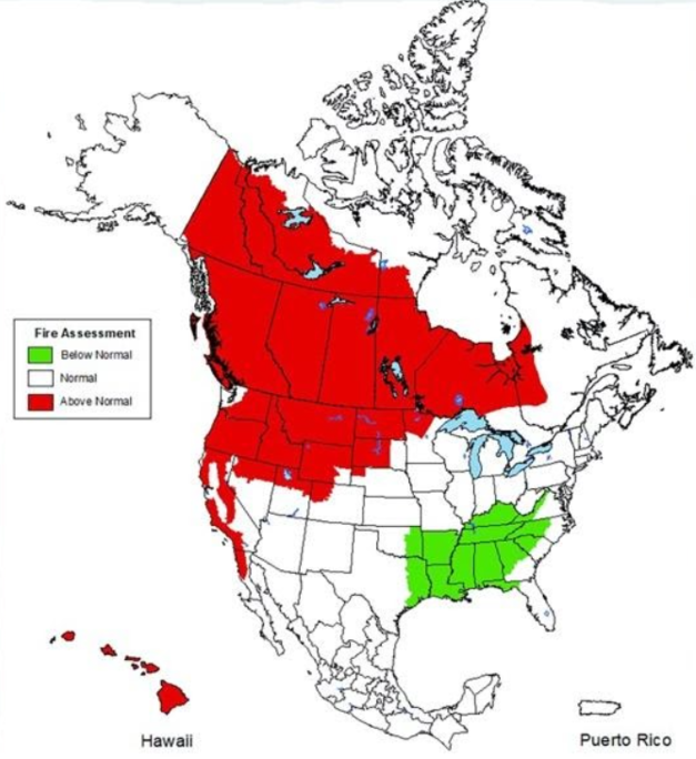 August 2021 forest fire risk map of north america