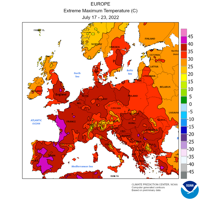 temperature map of Europe July 2022