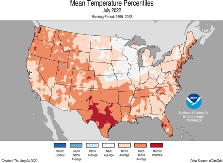 US July 2022 average temperatures